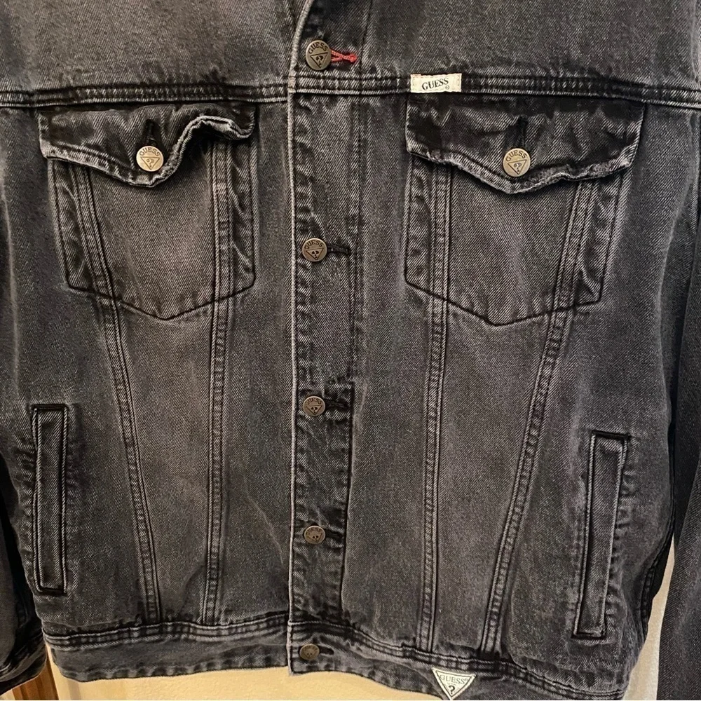 GUESS Men Gray Trucker Denim Embroidered Logo Jacket Size XL